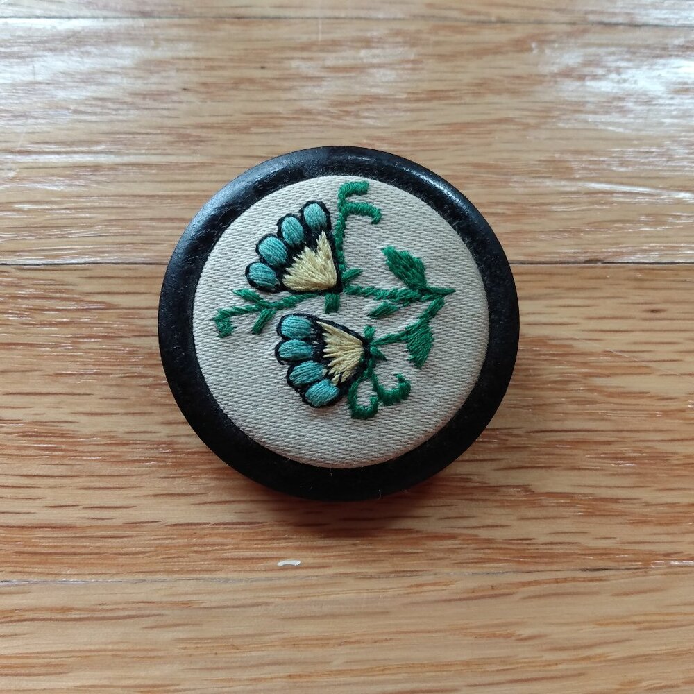 Vintage Embroidered Brooch Blue Flowers Wooden Chunky Handmade Cottagecore